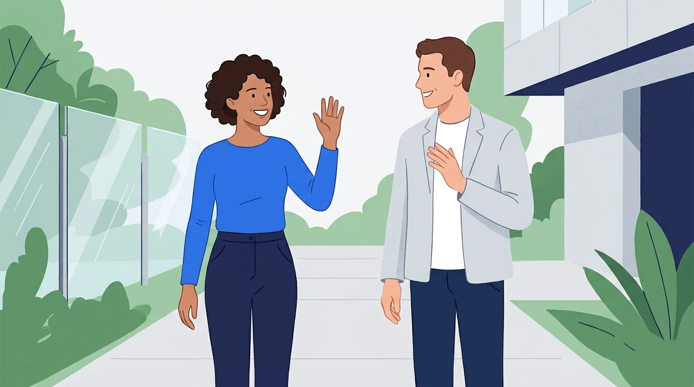 Two people greeting each other with friendly smiles during a casual conversation.