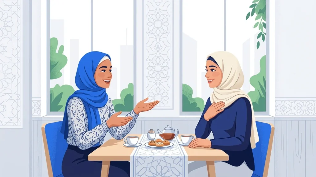 Two friends sharing a warm conversation about a kind compliment.