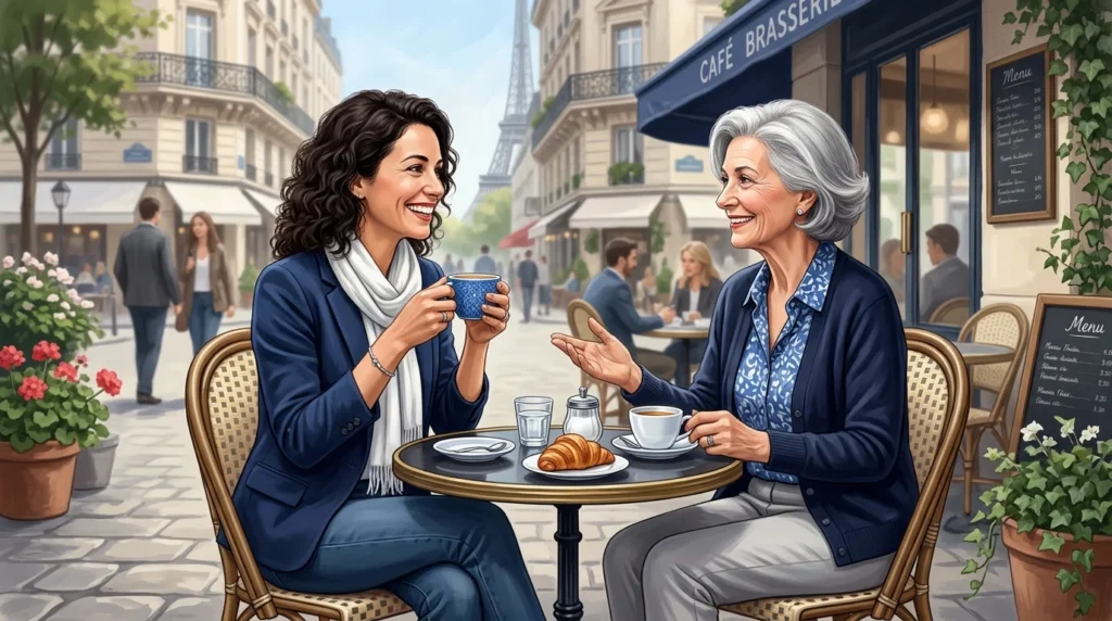 Two people exchanging a friendly thank-you and response at a Parisian café.