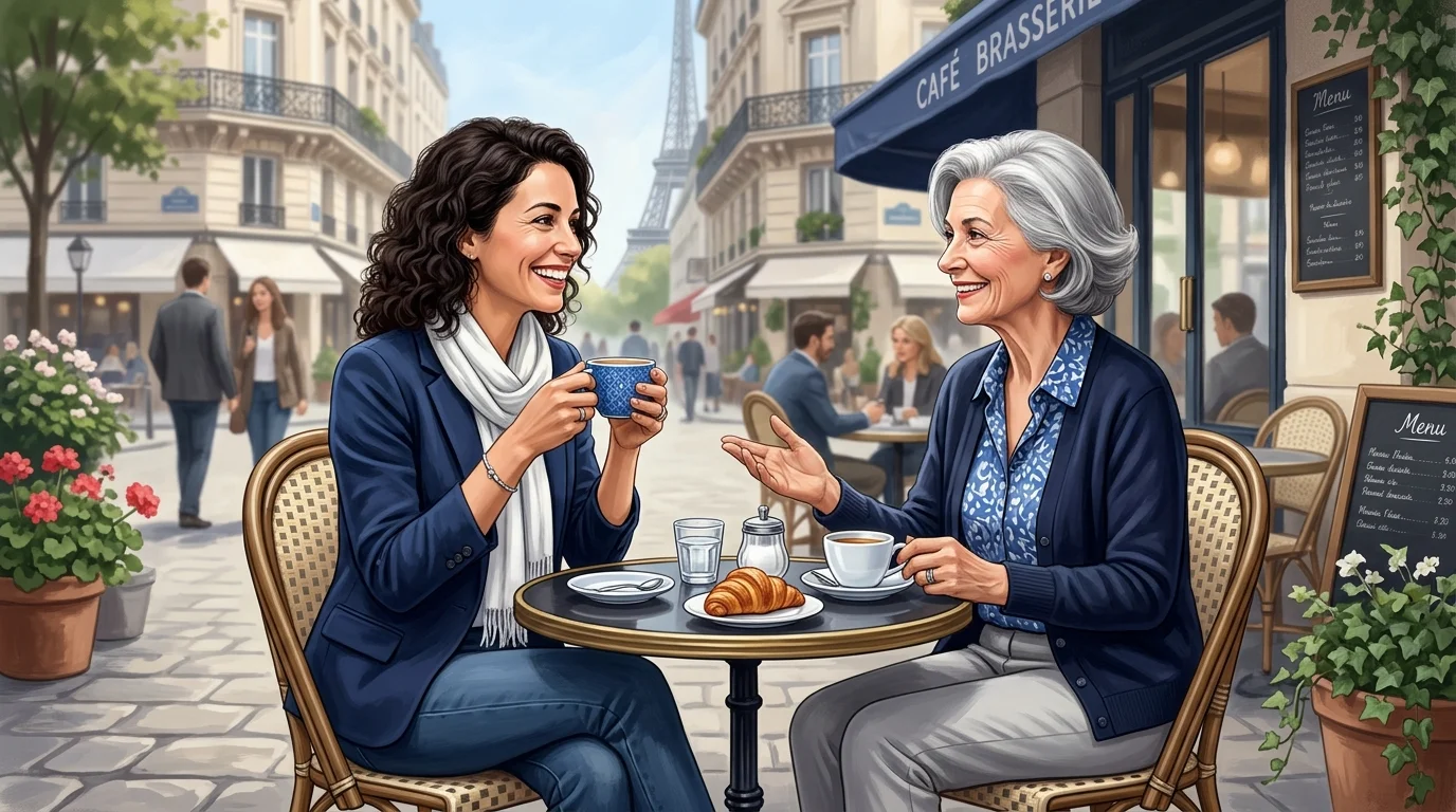 Two people exchanging a friendly thank-you and response at a Parisian café.