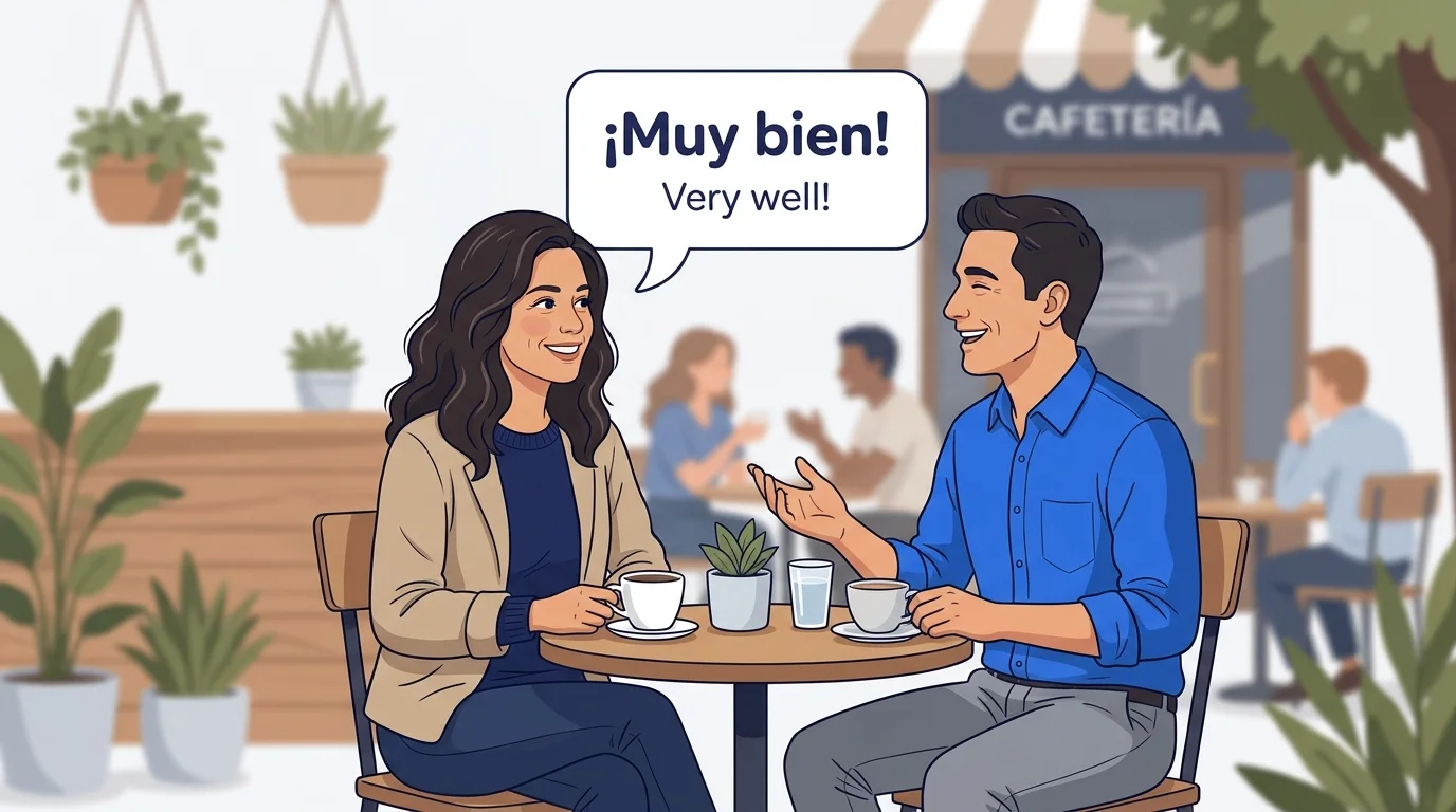Two people greeting each other with the Spanish phrase ¡Muy bien!