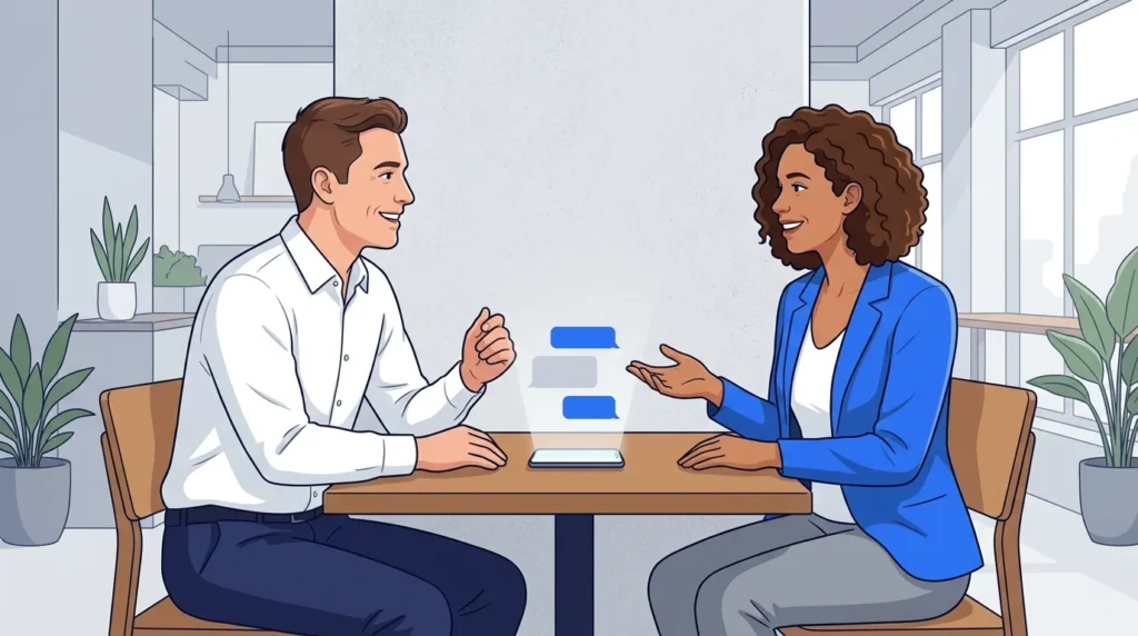 Two people sharing a friendly conversation after one expresses thanks.