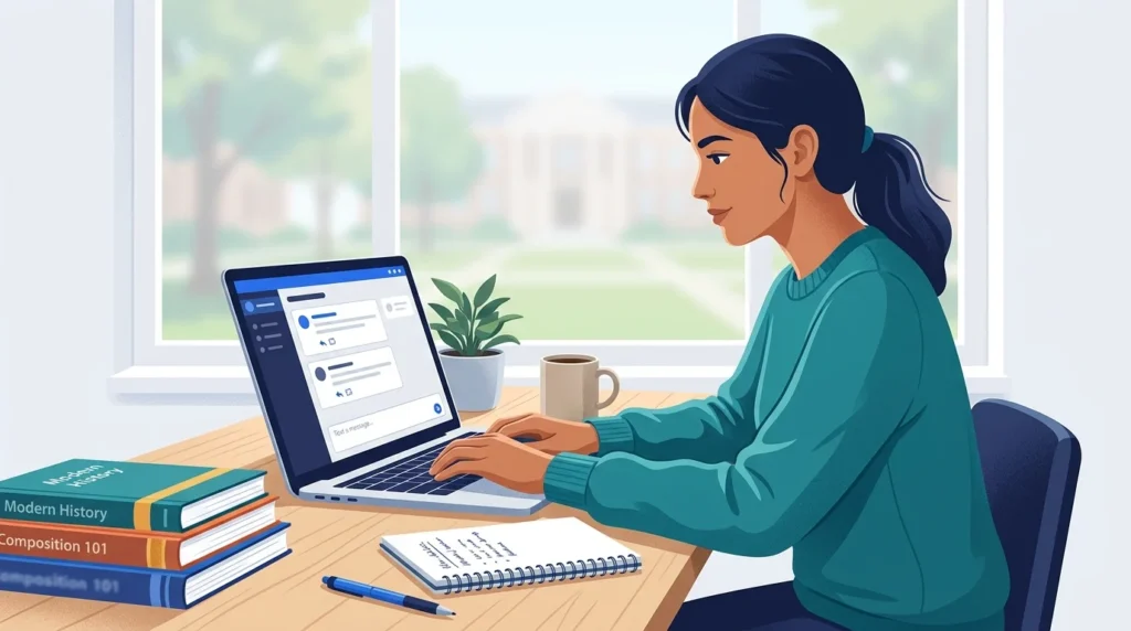 College student writing a discussion response on a laptop.