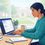 College student writing a discussion response on a laptop.