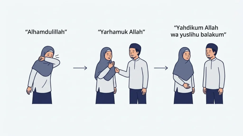 Educational illustration showing the three stages of the Islamic sneeze exchange.