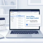 Laptop displaying an email inbox on an office desk beside a calendar.