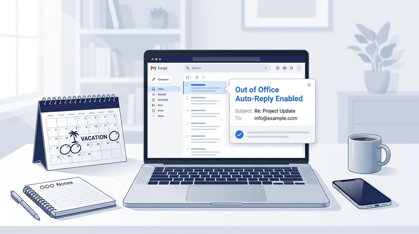 Laptop displaying an email inbox on an office desk beside a calendar.