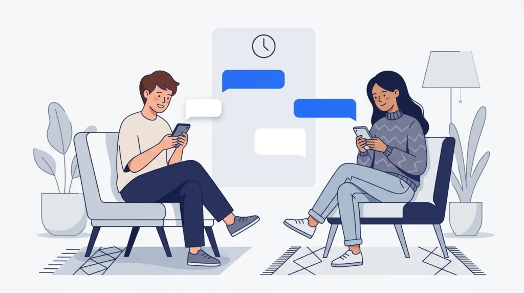 Two friends texting on their smartphones with friendly message bubbles.