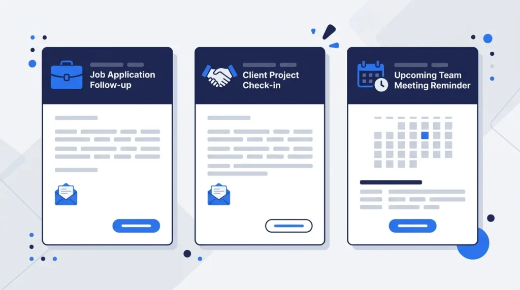 Email cards representing job, client, and meeting follow-up messages.