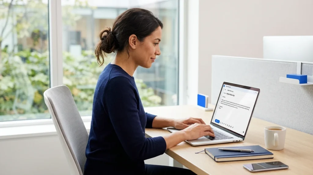 Person writing a polite follow-up email on a laptop.