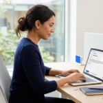 Person writing a polite follow-up email on a laptop.