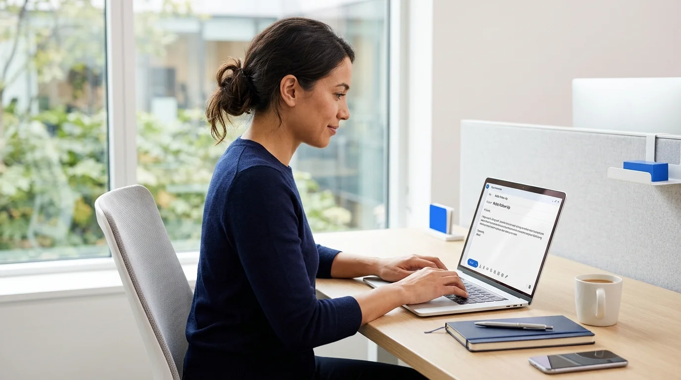 Person writing a polite follow-up email on a laptop.