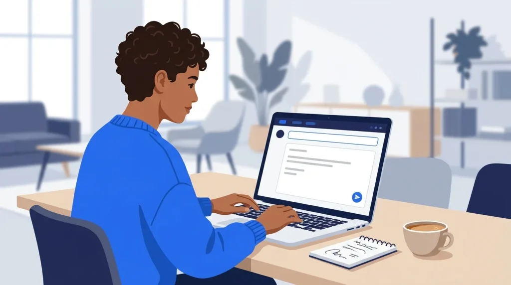 Person writing a polite follow-up email on a laptop in a modern office.