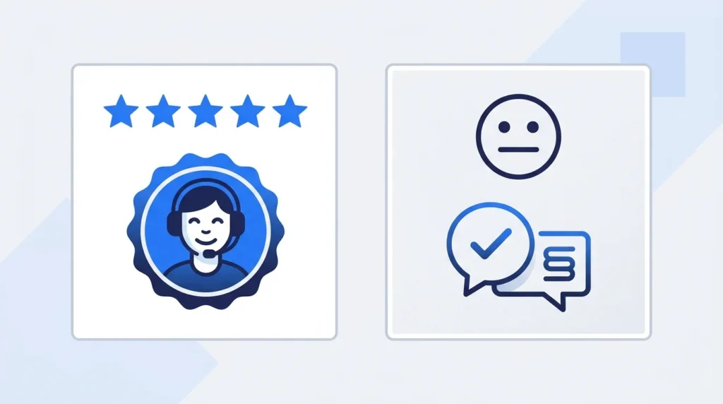Two customer review cards representing positive feedback and customer complaints.