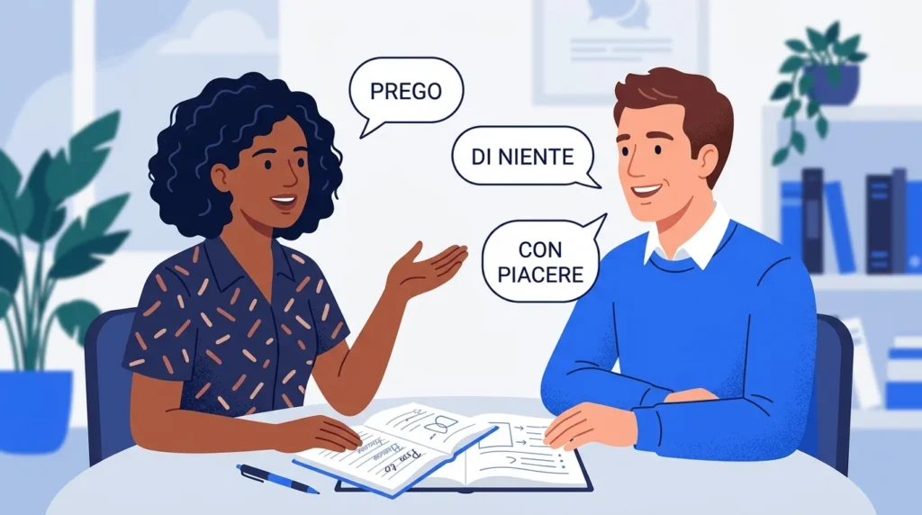 Language learner practicing Italian replies with a conversation partner.