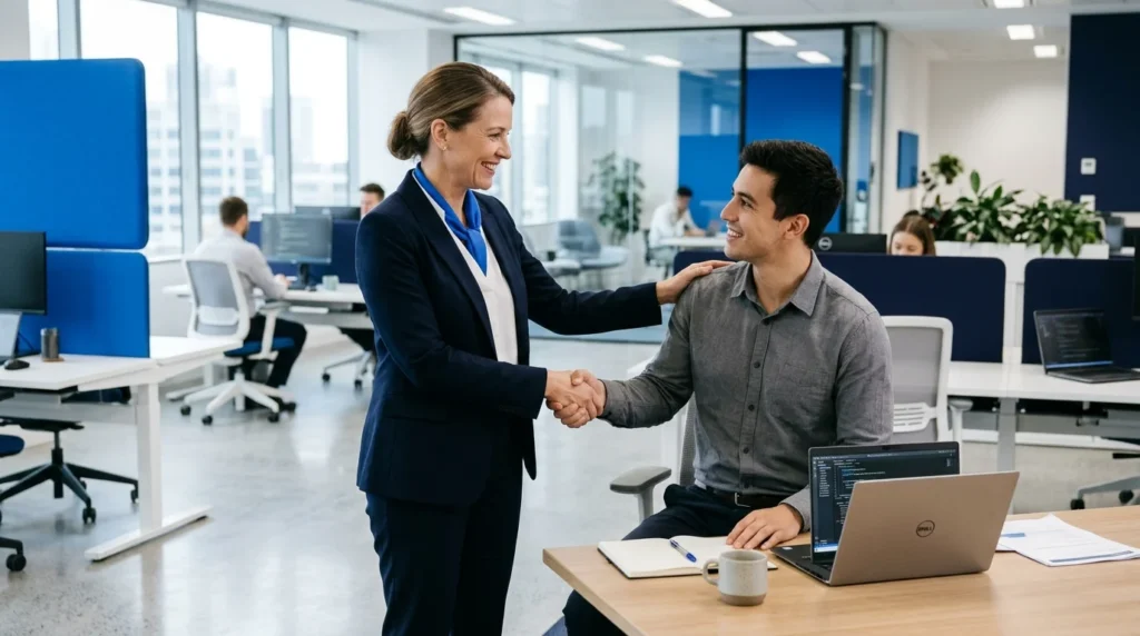 Manager congratulating an employee during a friendly workplace conversation.