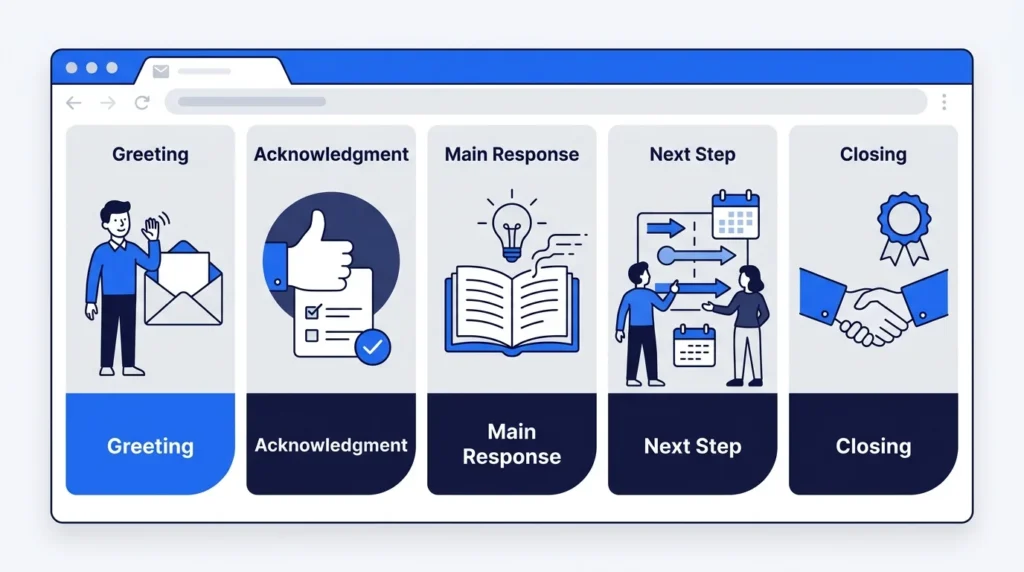 Illustration showing the five main parts of a professional email reply.