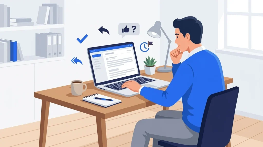 A person reviewing a business email with symbols for confirmation, feedback, and follow-up.