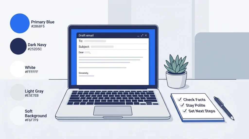 Laptop and checklist showing facts, polite language, and next steps before sending an email.