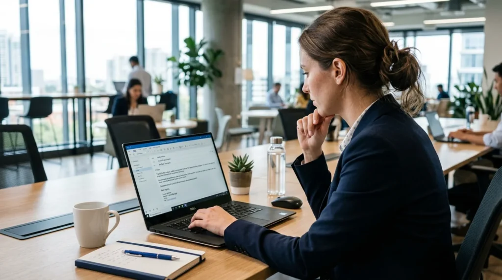 Professional writing a clear and polite email response on a laptop.