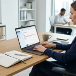 Professional working at a laptop while preparing a business email response.