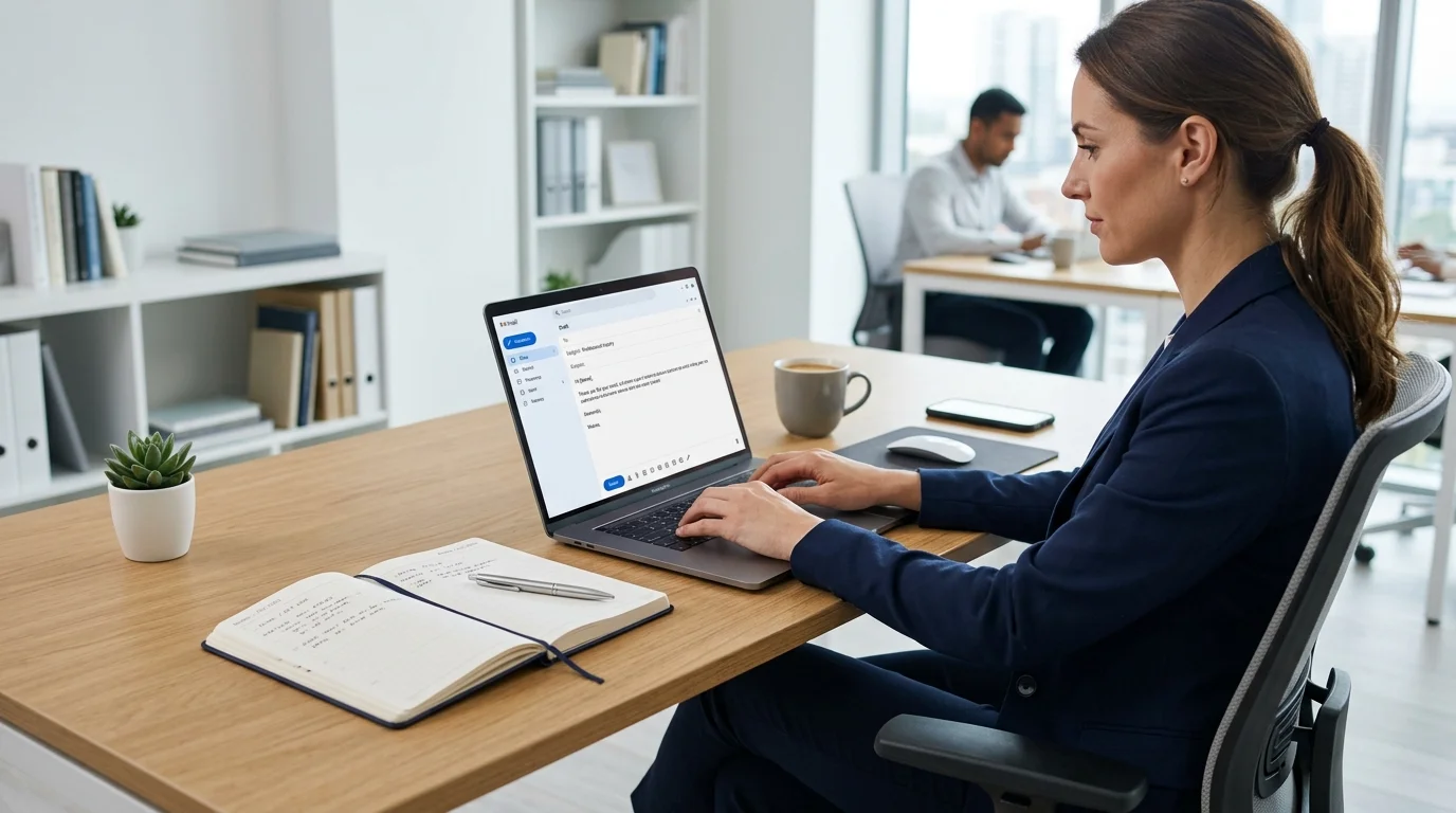 Professional working at a laptop while preparing a business email response.