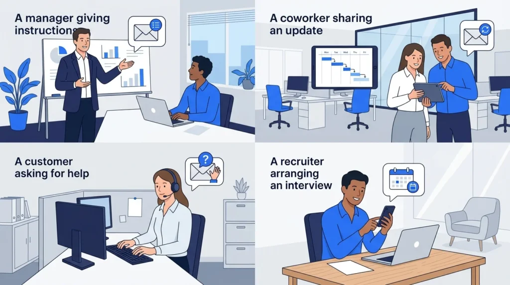Four workplace situations involving email communication with managers, coworkers, customers, and recruiters.