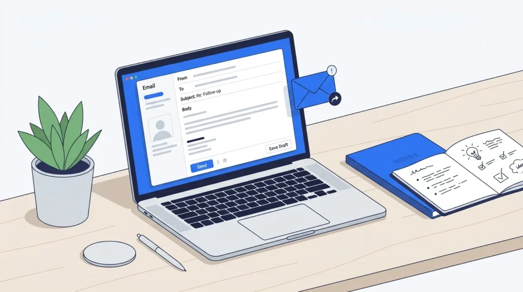 Laptop displaying a professional email reply.