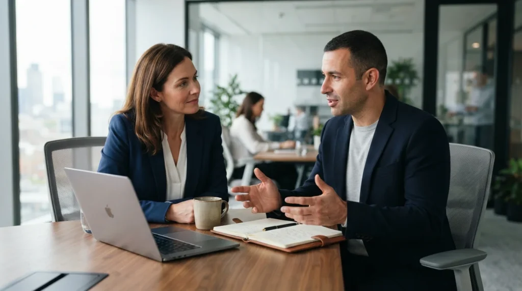 Two coworkers discussing a workplace apology in a modern office.