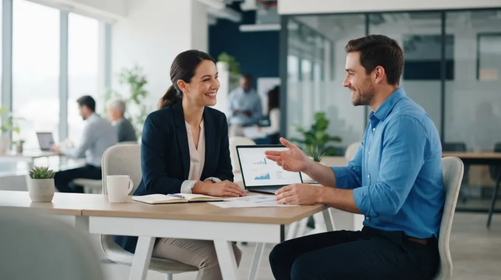 Two coworkers sharing a positive moment after a successful work project.