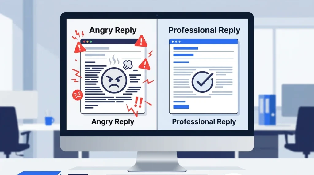 Comparison of an angry email draft and a calm, professional email reply.