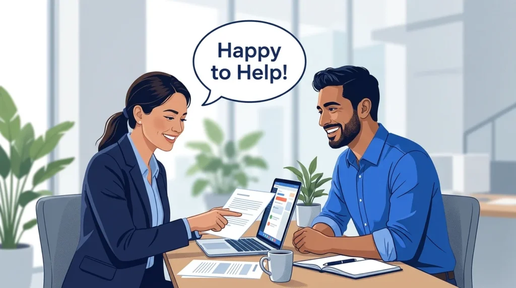 Two coworkers sharing a friendly moment after one helps the other with a laptop.