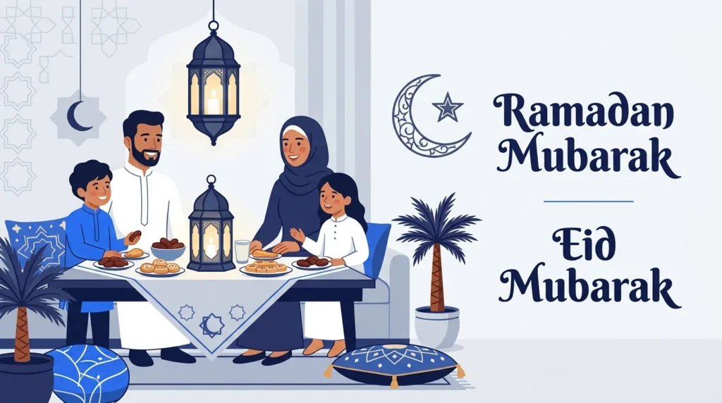 Ramadan Mubarak and Eid Mubarak greetings displayed in a festive Islamic setting.