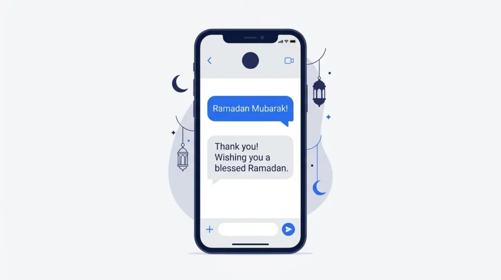 Smartphone message exchange featuring Ramadan Mubarak and a friendly reply.