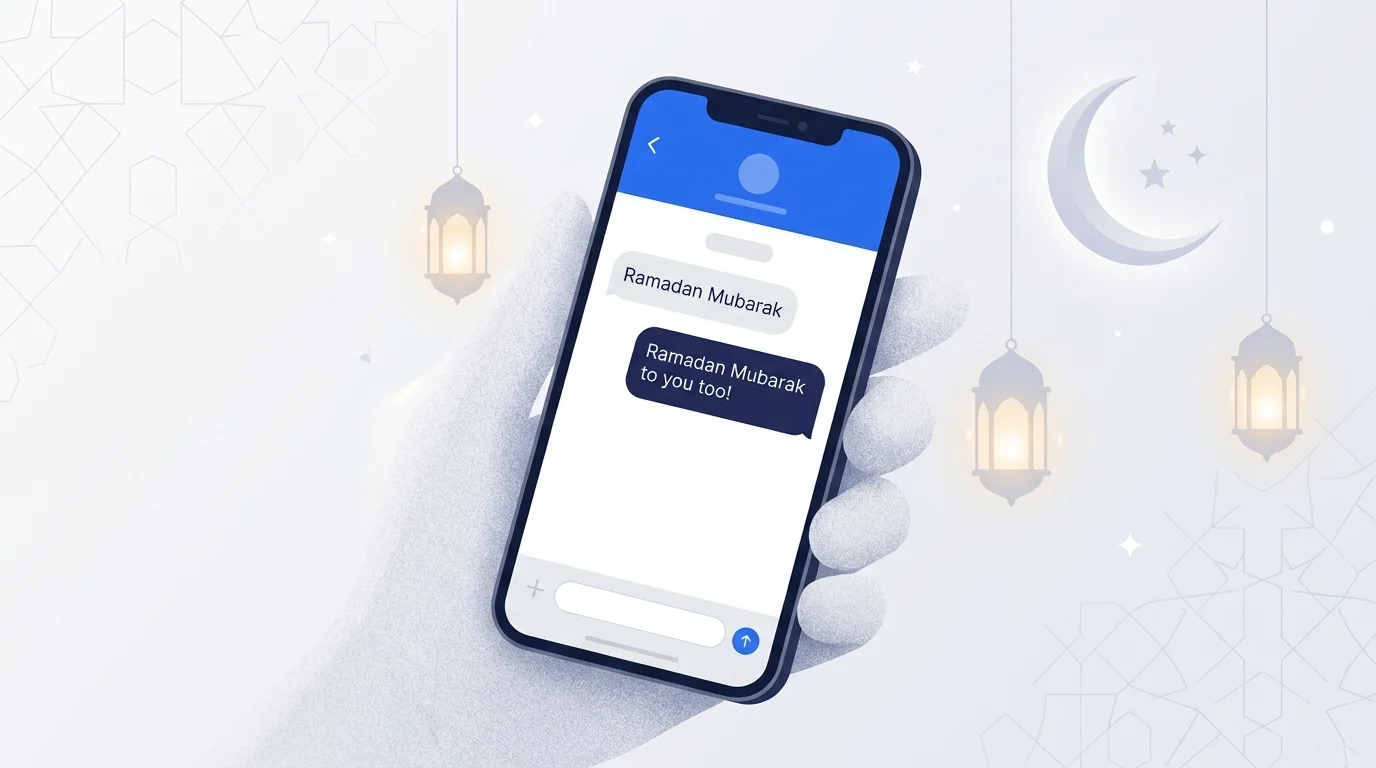 Smartphone displaying Ramadan Mubarak and a friendly reply.
