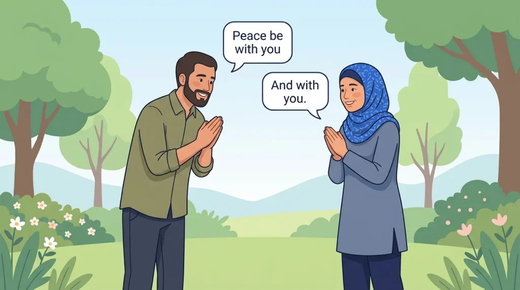 Two adults exchanging a polite greeting in a peaceful outdoor setting.