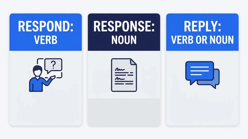 Grammar infographic comparing respond, response, and reply.
