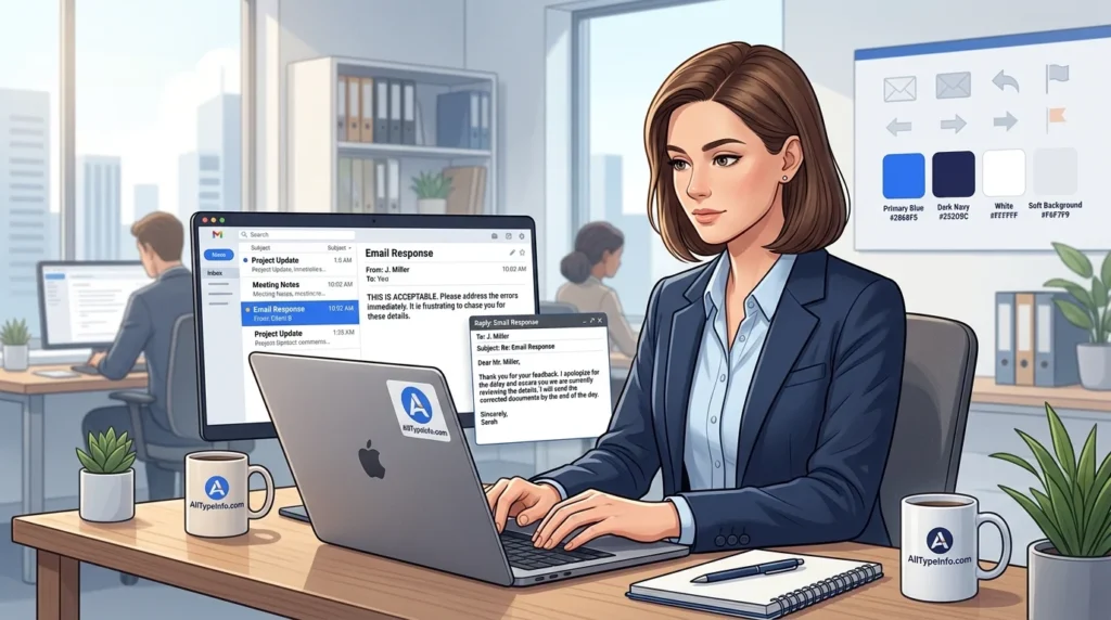 Office worker preparing a professional reply to a rude email on a laptop.