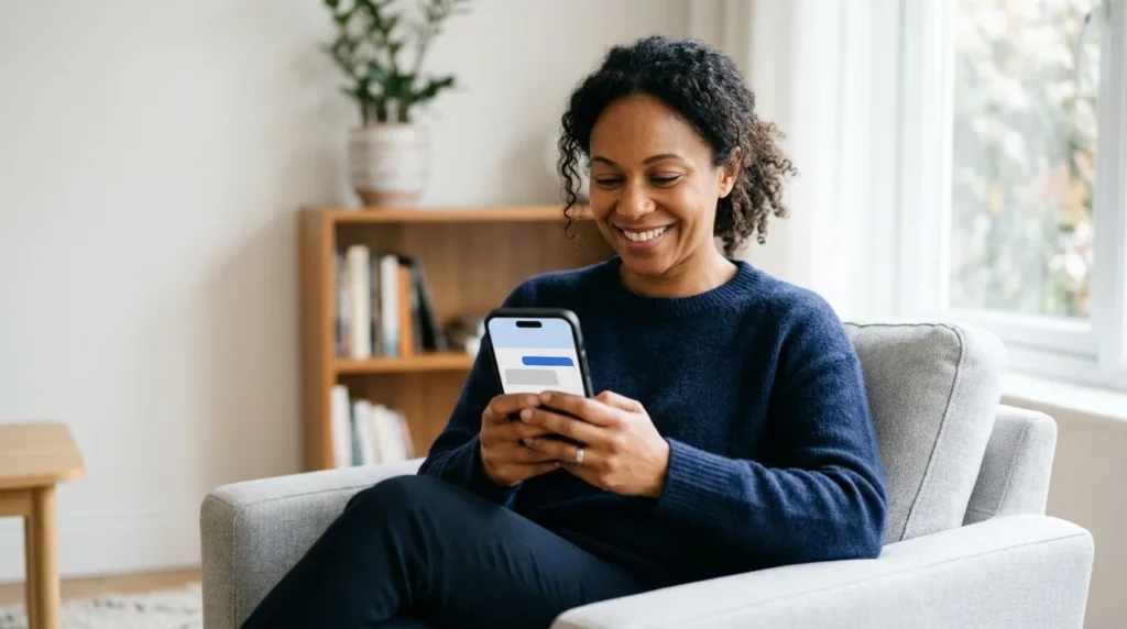 Adult smiling while reading a friendly message on a smartphone at home.