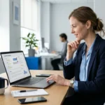 Business owner reviewing customer feedback on a laptop.