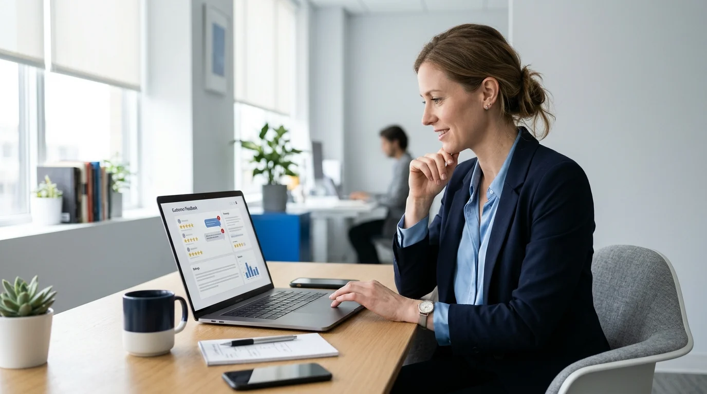 Business owner reviewing customer feedback on a laptop.