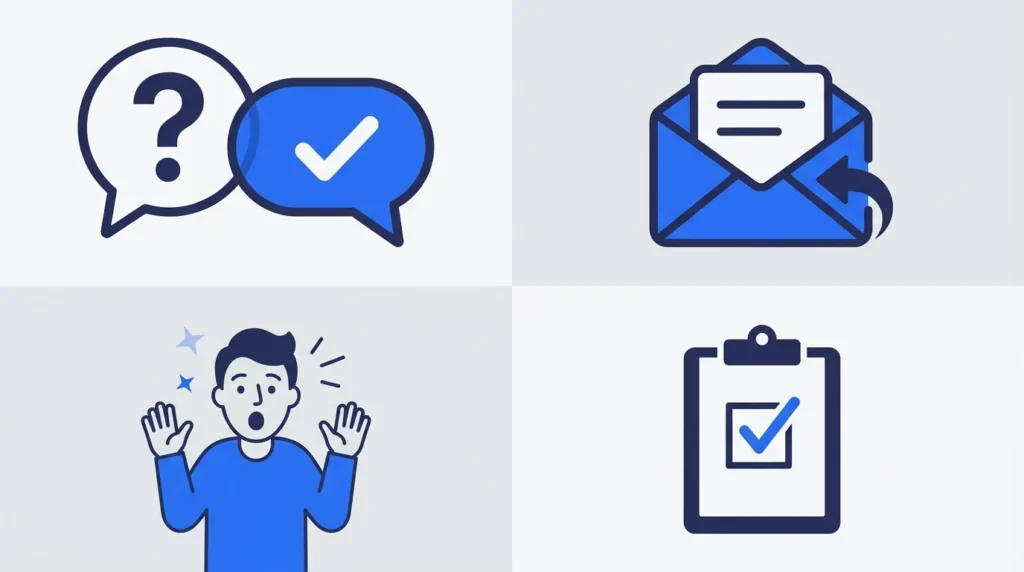 Four illustrations showing an answer, a written reply, an emotional reaction, and feedback.