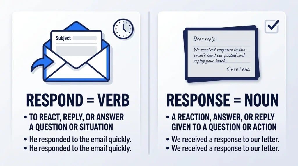 Educational comparison of respond as a verb and response as a noun.