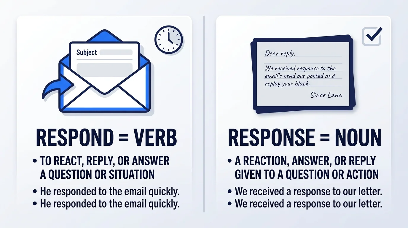 Educational comparison of respond as a verb and response as a noun.
