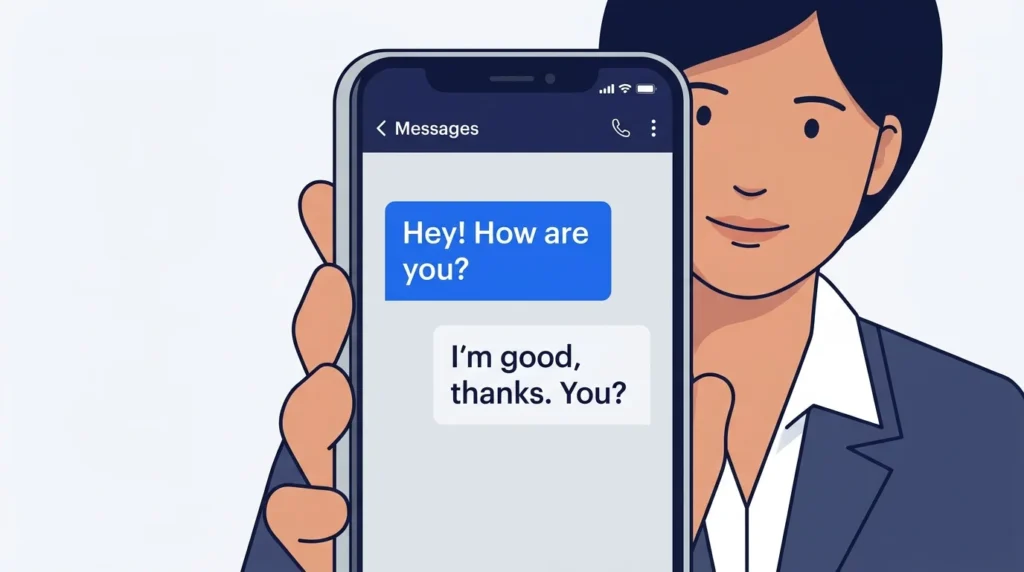 Smartphone displaying a friendly greeting and a short text reply.