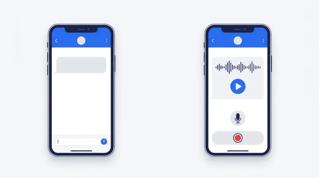 Smartphone showing a typed message beside an audio waveform.