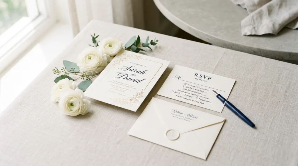 Wedding invitation with an RSVP response card, envelope, and pen.