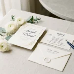 Wedding invitation with an RSVP response card, envelope, and pen.