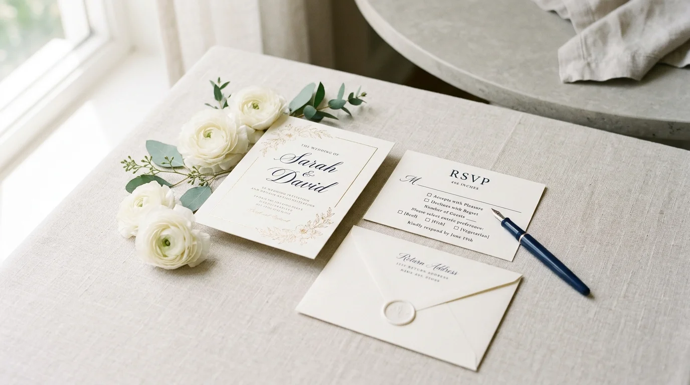 Wedding invitation with an RSVP response card, envelope, and pen.