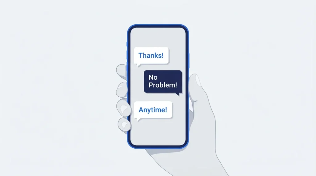 Smartphone displaying friendly text replies including no problem and anytime.